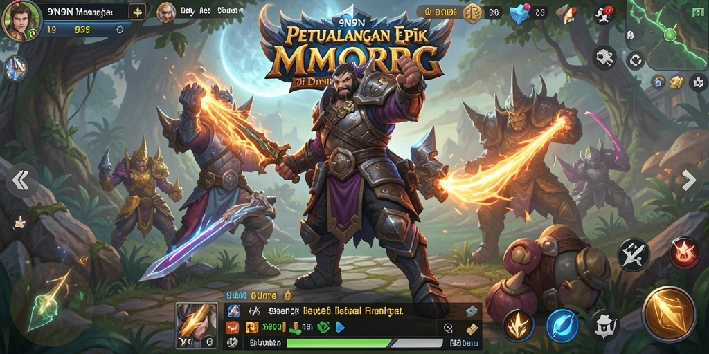 Screenshot gameplay 9N9N menampilkan pertarungan epik di dunia fantastis.