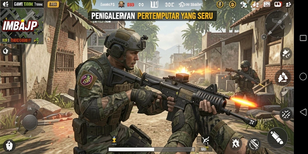 Tampilan gameplay menegangkan di IMBAJP dengan aksi tembak-menembak.