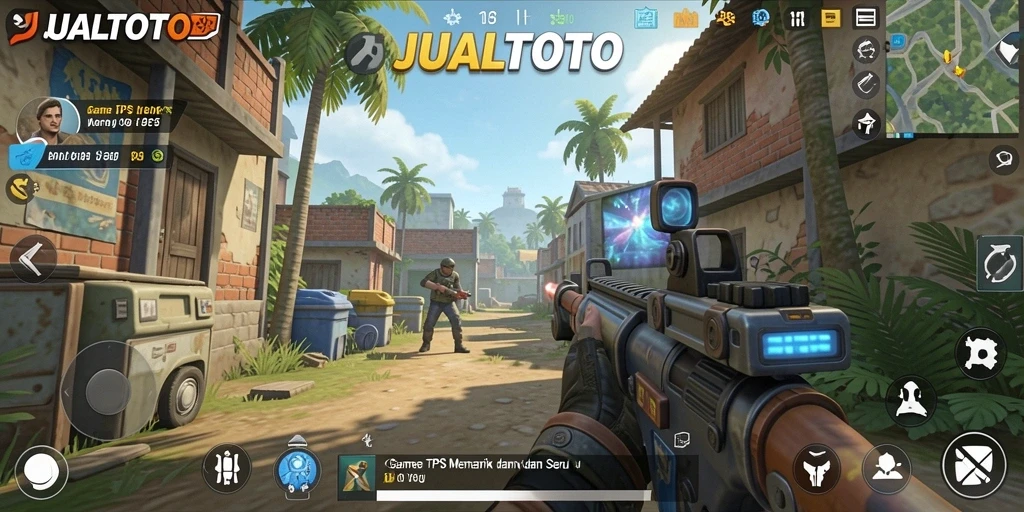 Screenshot dari gameplay JUALTOTO yang menunjukkan pertempuran TPS yang intens.