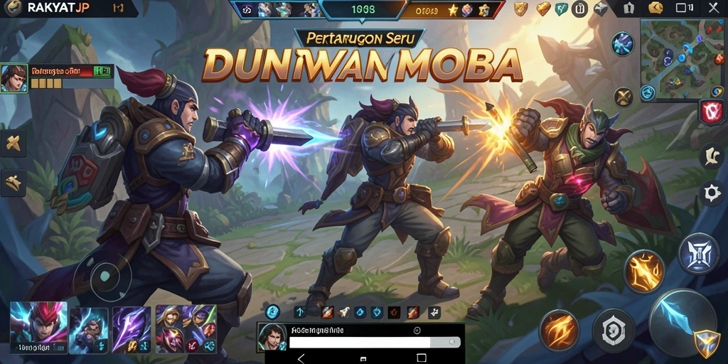 Tampilan gameplay menegangkan dari RAKYATJP di arena MOBA.