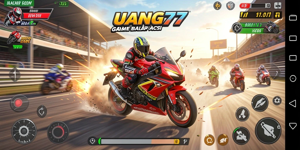 Tampilan utama UANG77 menampilkan aksi balap motor yang mendebarkan.