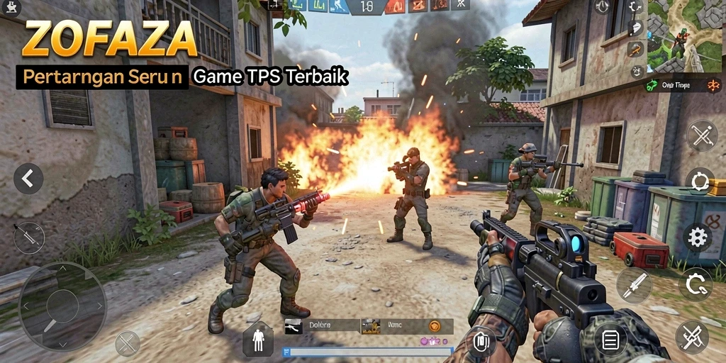 Tampilan gameplay menegangkan di ZOFAZA dengan aksi tembak-menembak.